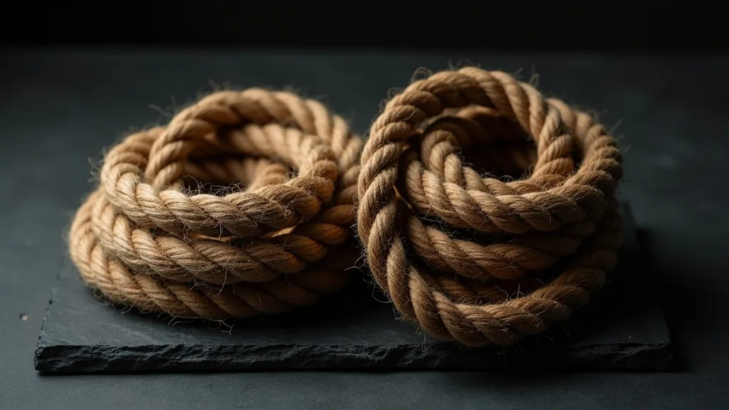 deux cordes de shibari, jute naturel souple et imitation synthetique raide, sur ardoise a Marseille