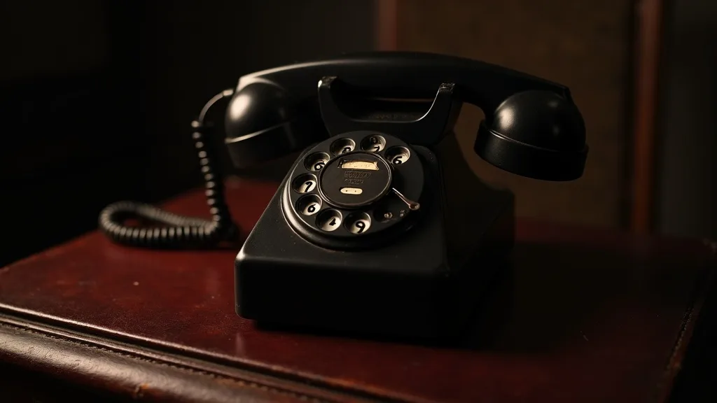 téléphone rotary noir vintage sur cuir oxblood patiné a Marseille